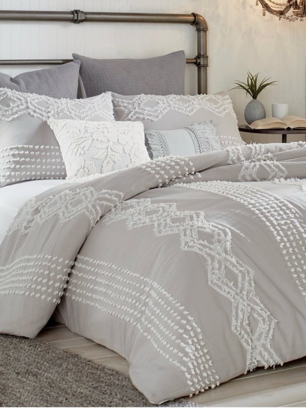 NWT Peri Home Gray Tufted Fringe Full/Queen Cotton Duvet Cover Boho Textured